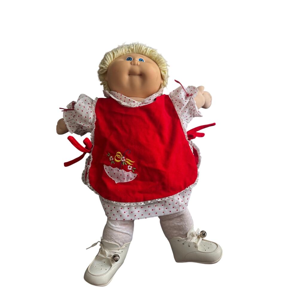 VTG 1982 Cabbage Patch Kids Doll Blonde Hair Blue Eyes Bell On Shoes Red‎ Dress - Picture 2 of 10